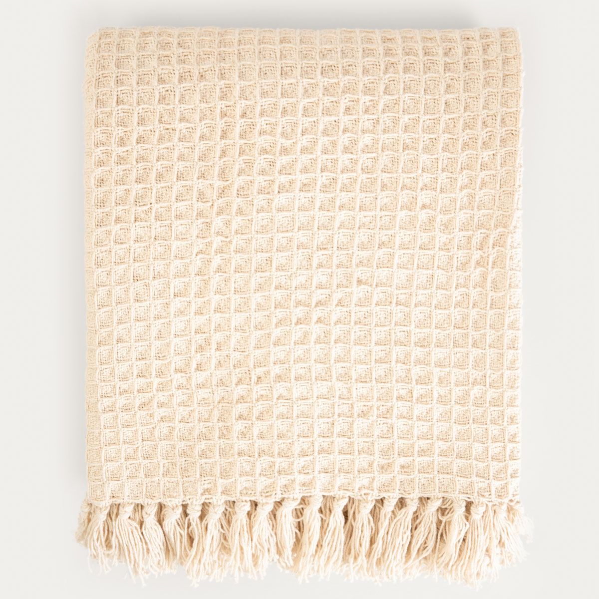 Pled VAFFEL bawełniany z frędzlami ecru 130x170 cm
