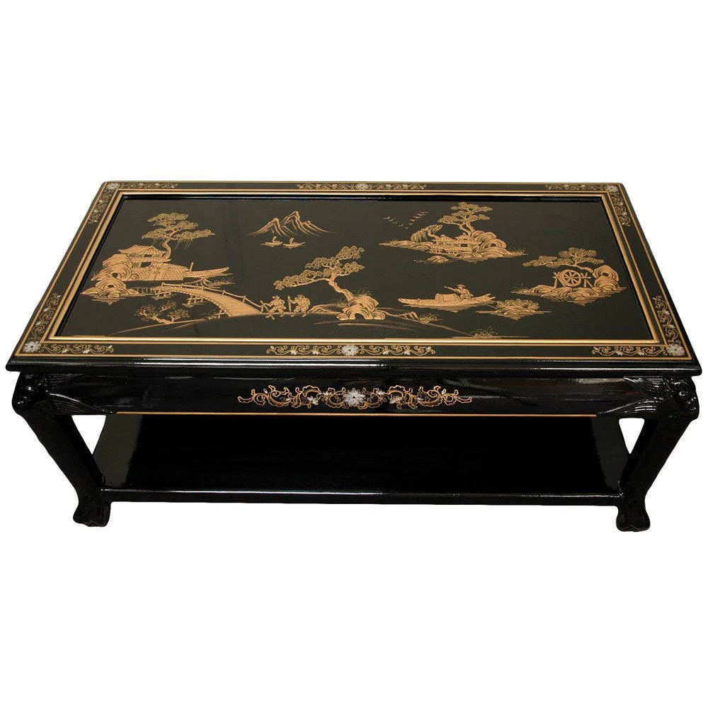 Handmade Black Lacquer Landscape Coffee Table with Shelf (China) - 40.00W x 20.00D x 18.00H