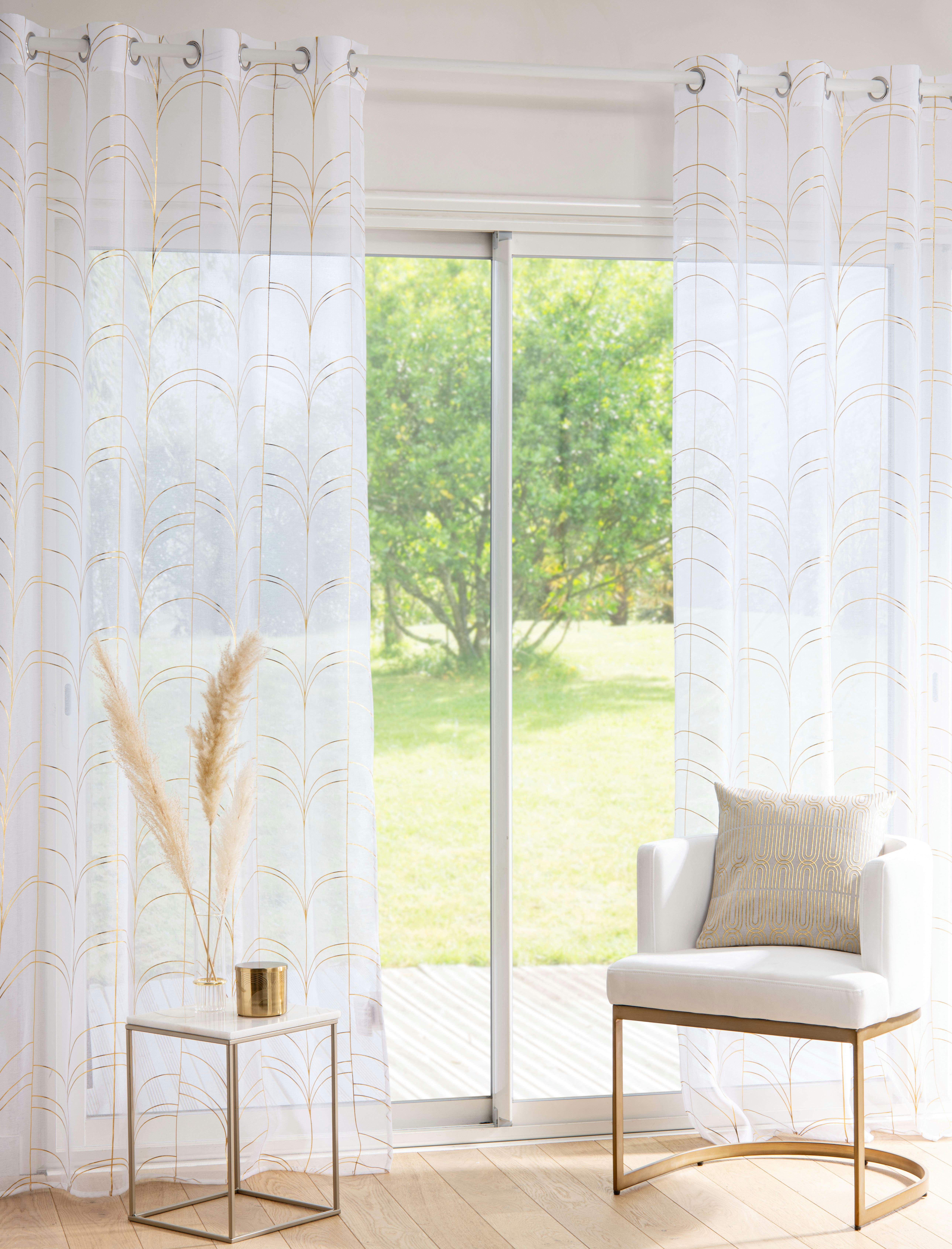 - Rideau voilage à œillets en polyester recyclé écru imprimé doré à l