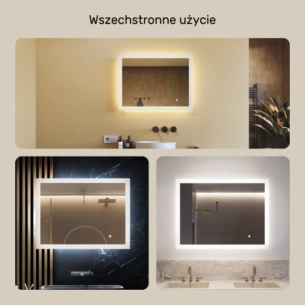 Lustro łazienkowe z dual led, 80x60cm, dotykowy włącznik