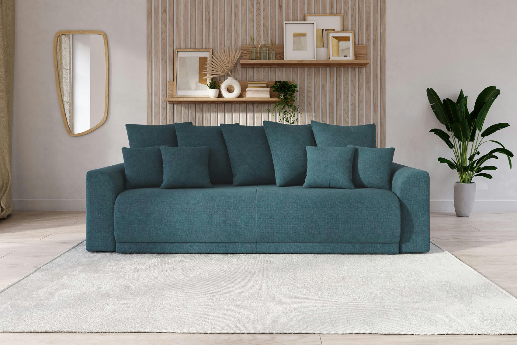 NOVA - Canapé droit convertible en tissu 3 places bleu paon