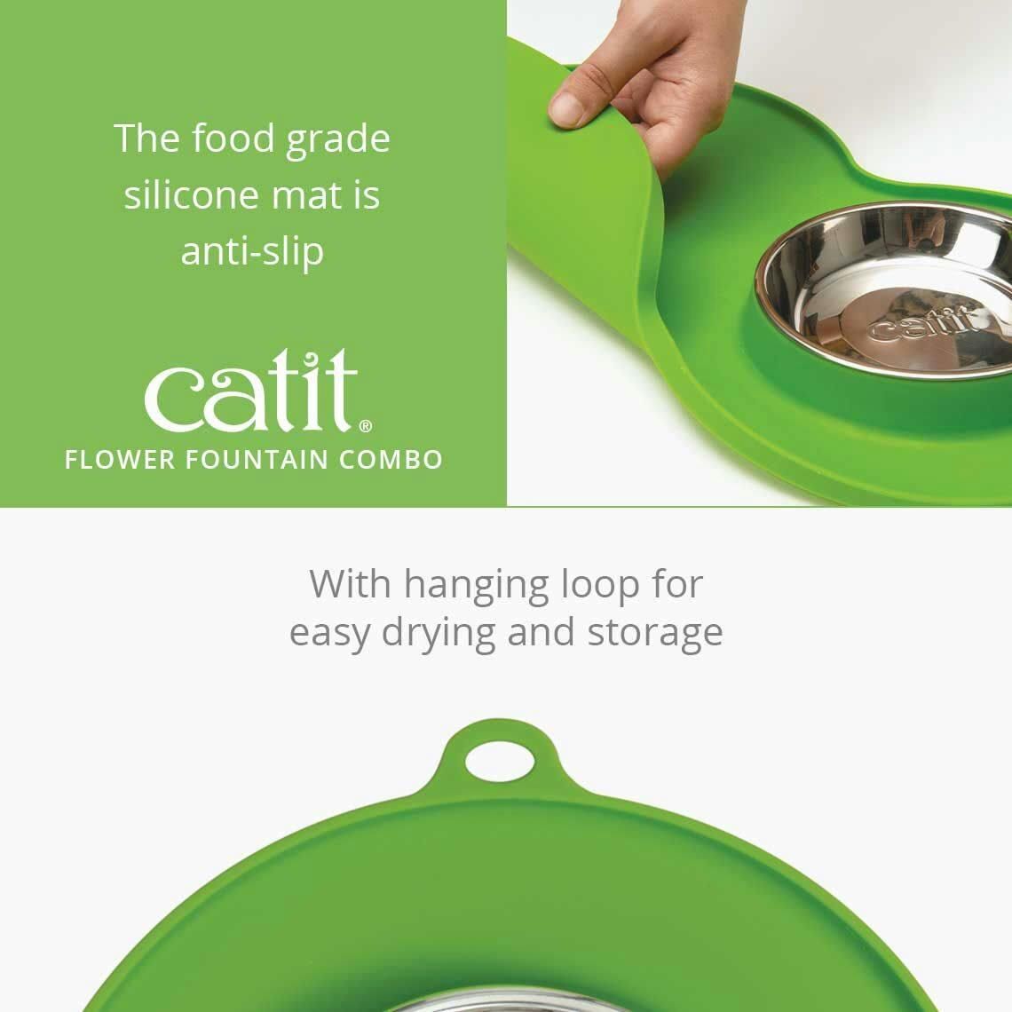 Catit Flower Cat Water Fountain, Combo Pack with Mat and Stainless Steel Bowl, 3-L, Green