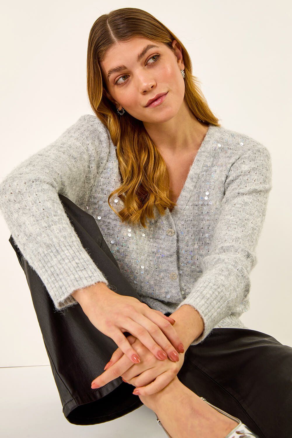 Roman Buttoned Sequin Knit Cardigan