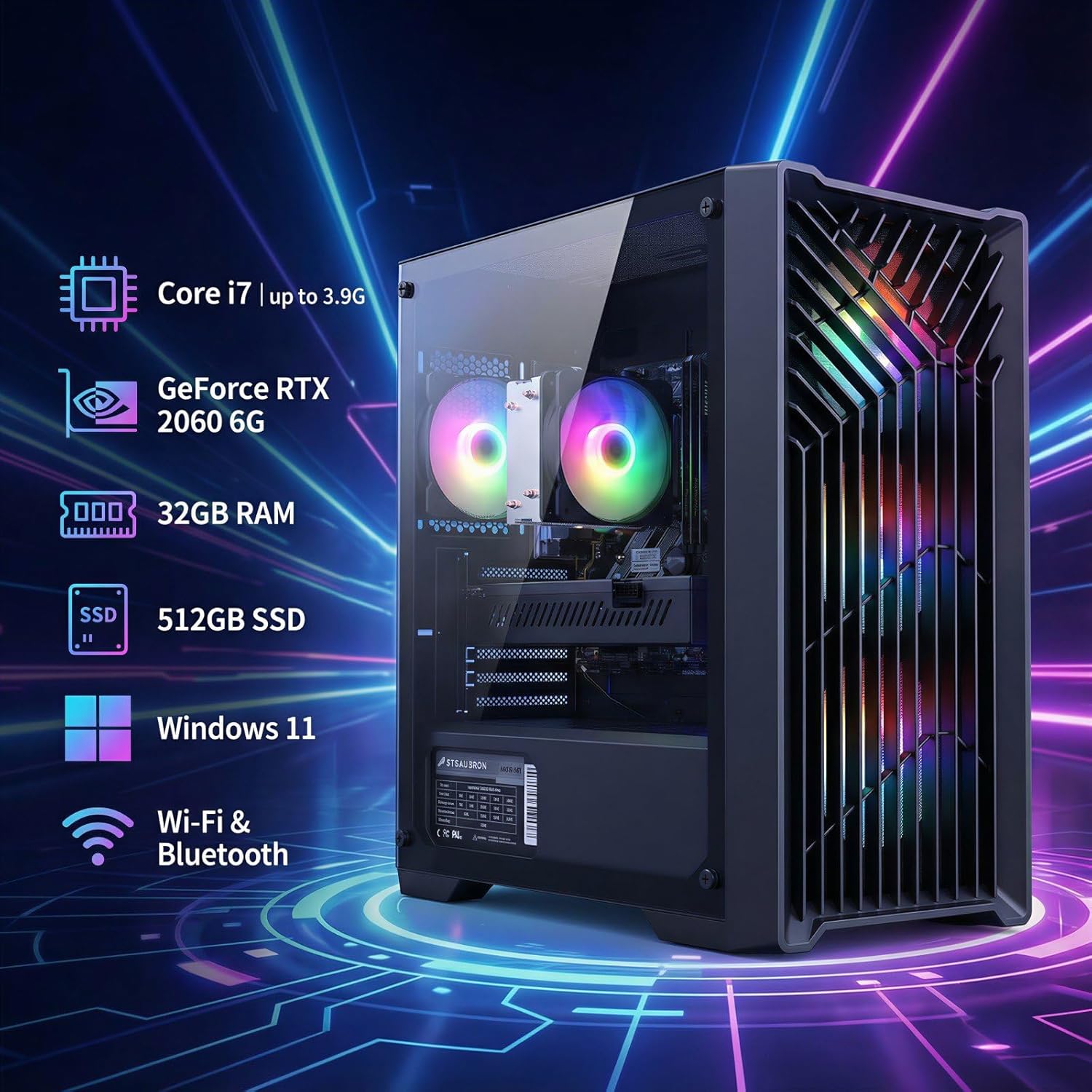 STGAubron Gaming PC Desktop Computer  Intel Core i7 up to 3.9G  GeForce RTX 2060 6G  32GB RAM  512GB SSD  WiFi 6  BT 5.0  RGB Fan x 4  Windows 11 Home
