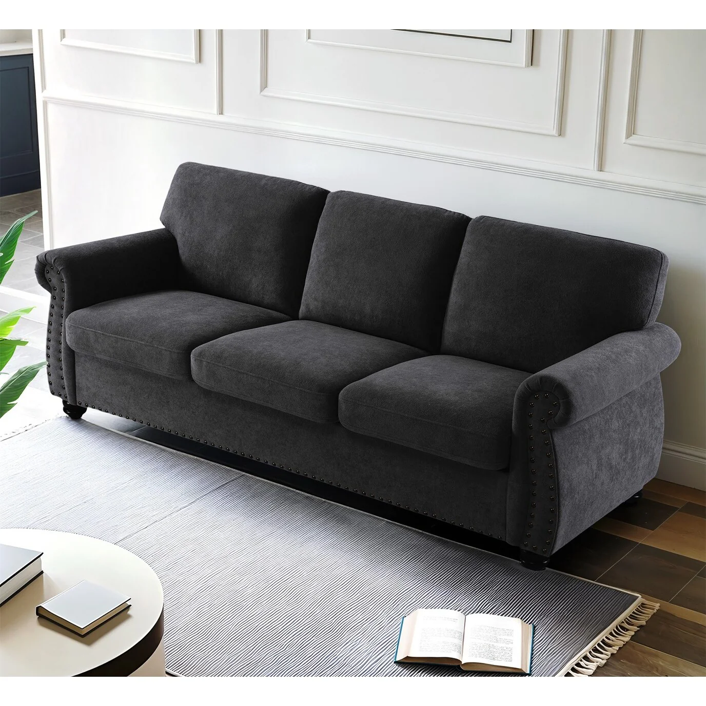 Soft Velvet Sofa, Upholstered 3 Seater Couch With High-Density Foam, Loose Back Cushions And Solid Wood Turned Legs