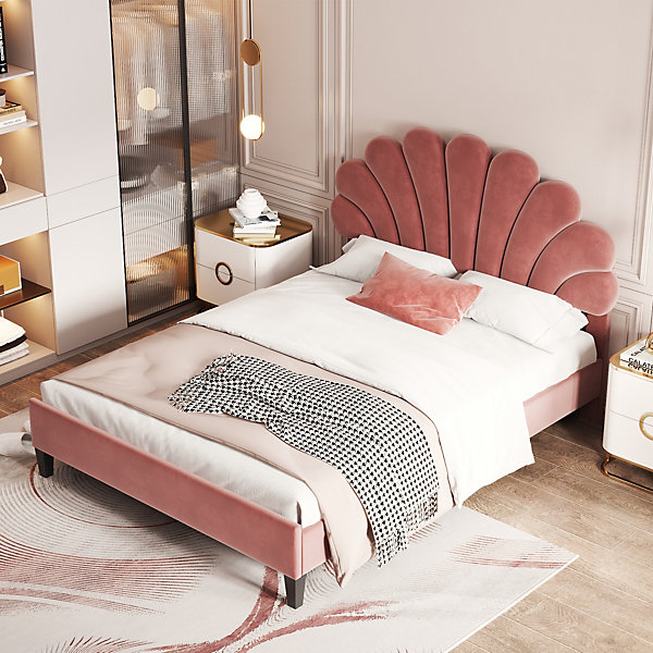 Lit double rembourré 140 sur 200 cm cadre avec tête de lit fleurie en velours doux sommier lit adulte invité rouge haricot