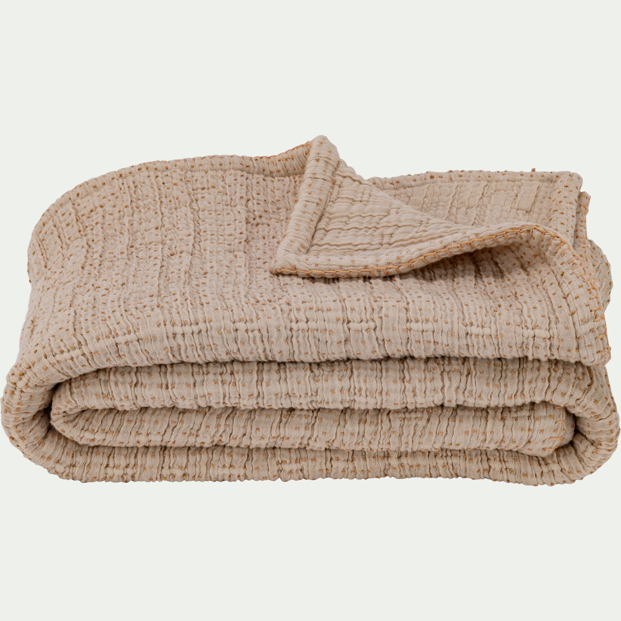 MEDIS - Plaid matelassé en coton motif pois finition surpiqure 130x170cm - beige