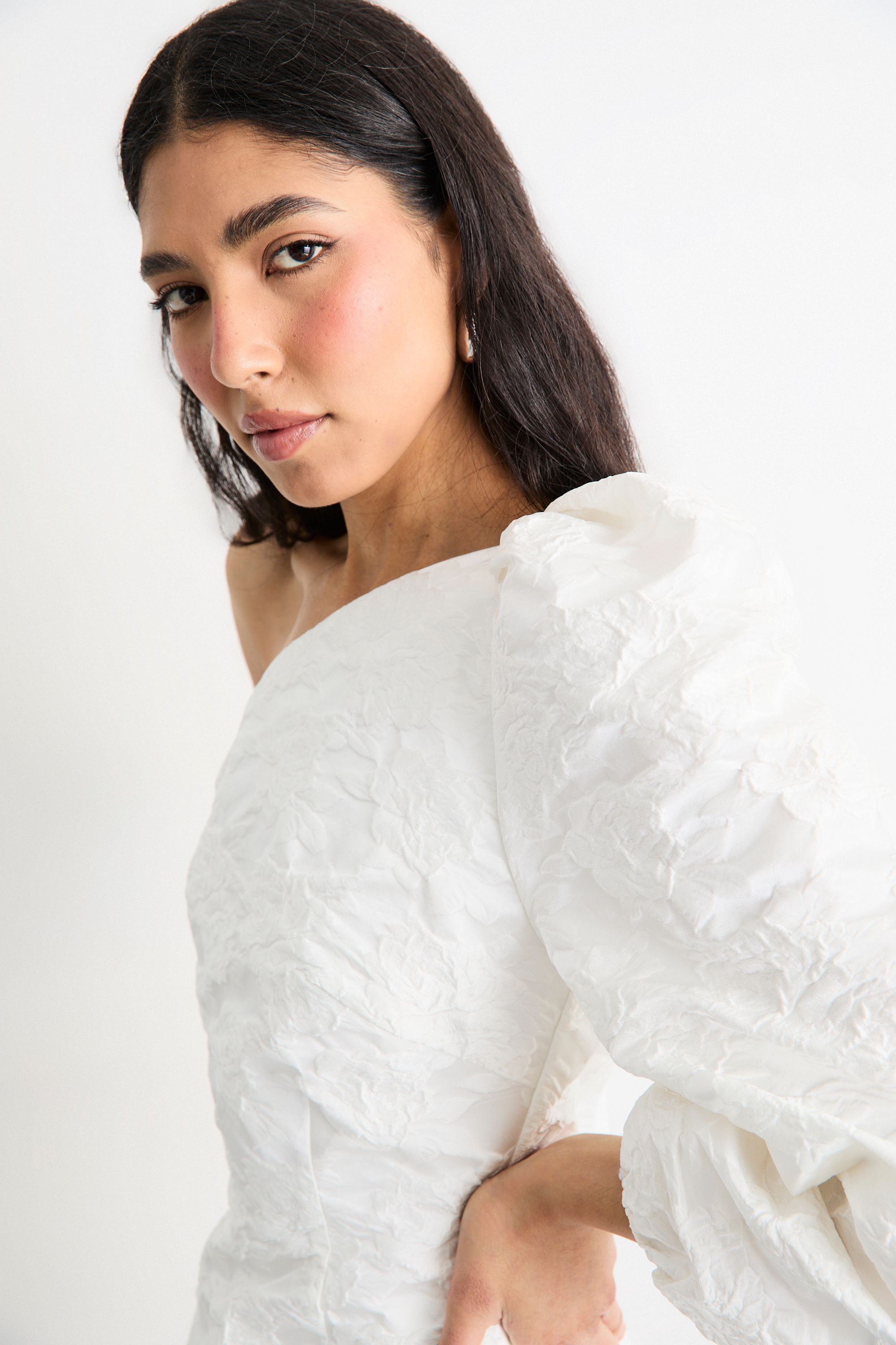 Warehouse Hen Jacquard Puff Sleeve One Shoulder Mini Dress