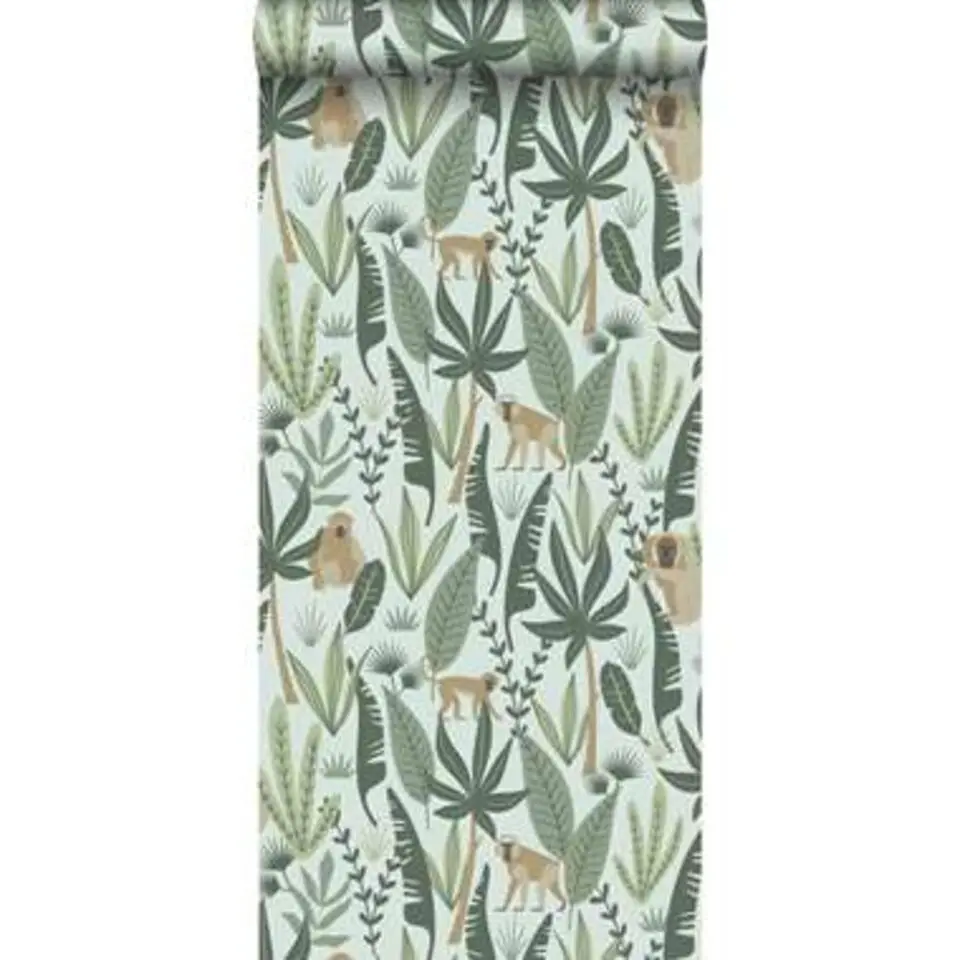 ESTAhome behang - jungle apen - mint en donkergroen - 0.53 x 10.05 m
