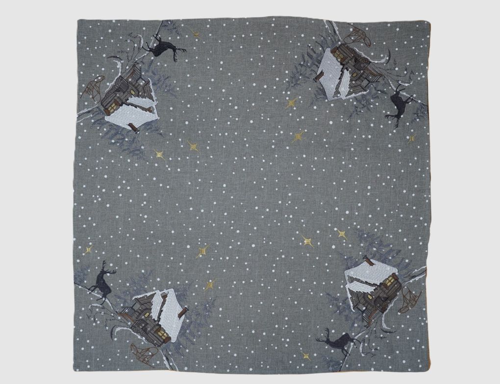 Tischdecke Stickerei Haus Grau