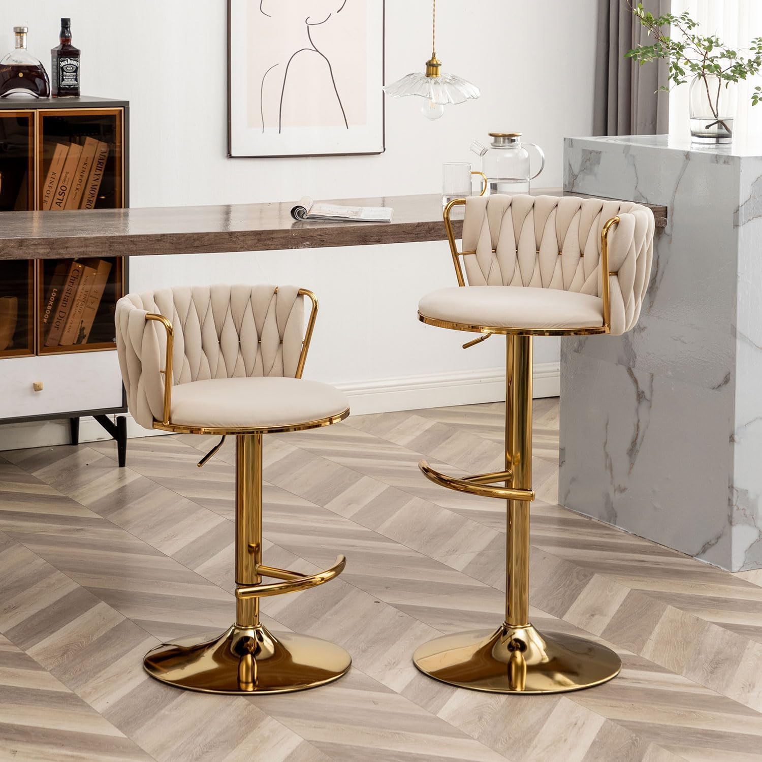 Gold Velvet Bar Stools Set of 3, Swivel Counter Height Bar Stools with Back, Adjustable Woven Barstools for Kitchen Island, Pub, Club (Beige)