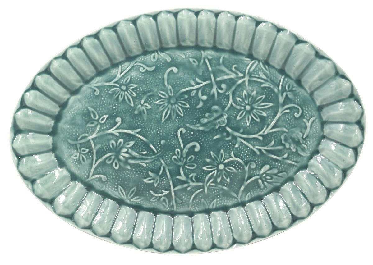 DELHI - Plateau ovale en métal émaillé gris bleuté