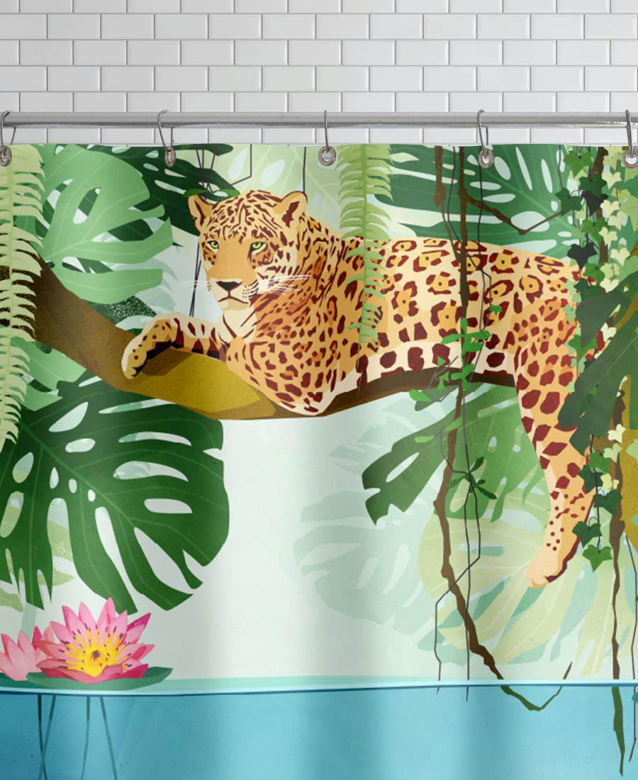 WELCOME TO THE JUNGLE - Rideau de douche en polyester en turquoise & vert 150x200