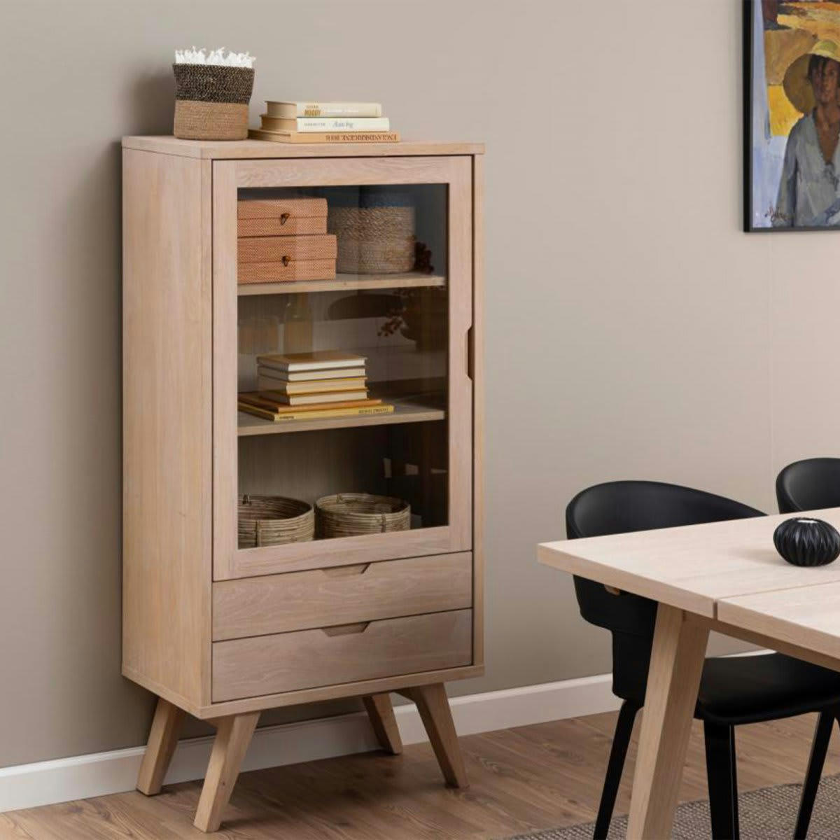 LINA - Buffet haut vitré 2 tiroirs en bois de chêne 145cm