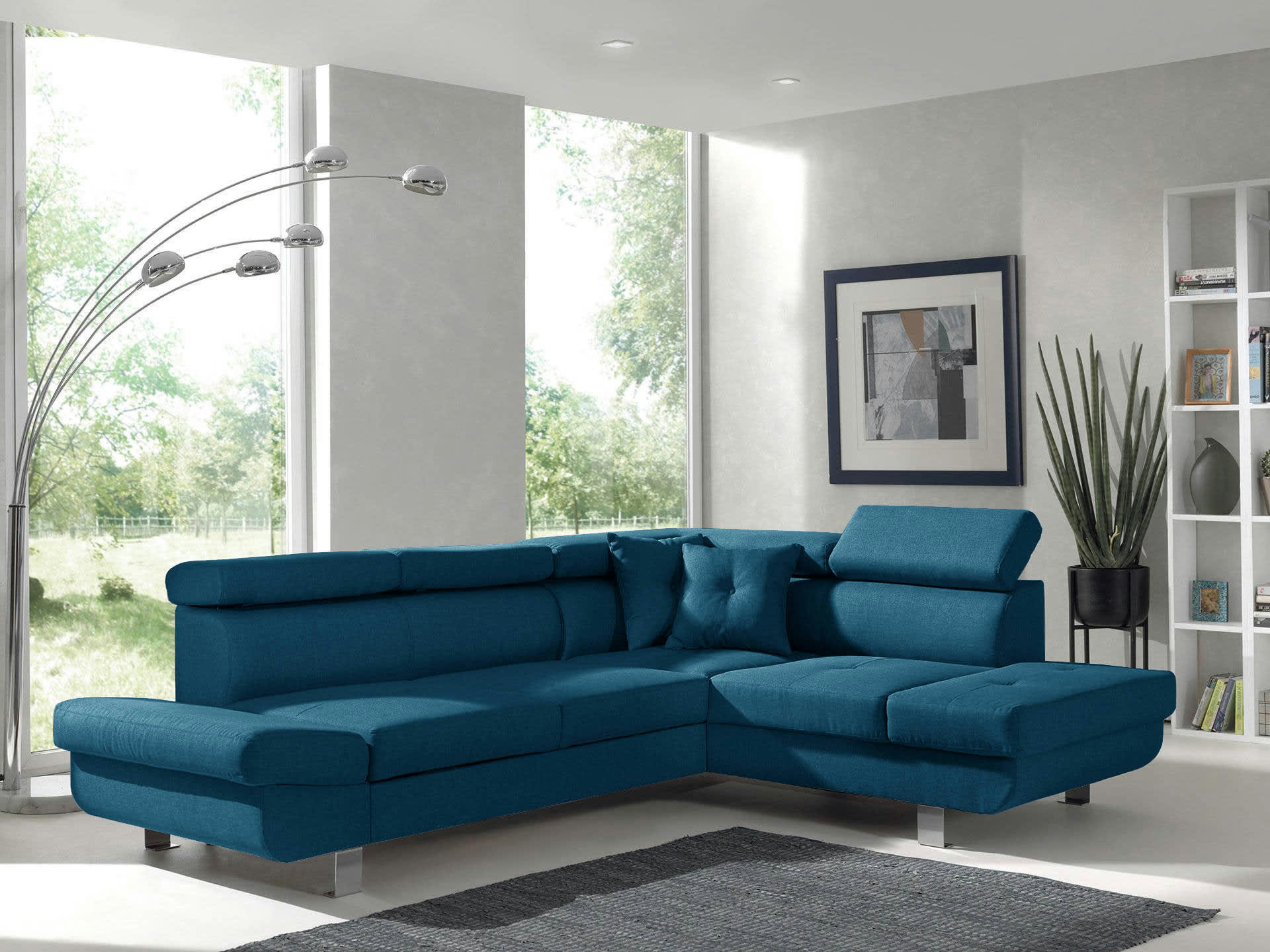 LISBONA - Canapé d'angle droit convertible 5 places en tissu bleu canard
