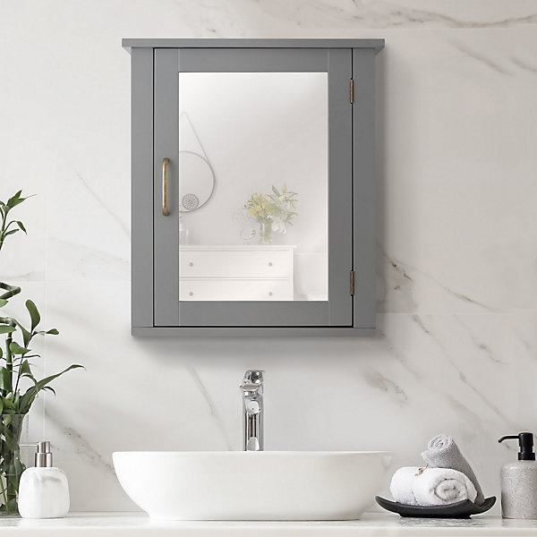Armoire murale de salle de bain en effet bois gris avec porte-miroir