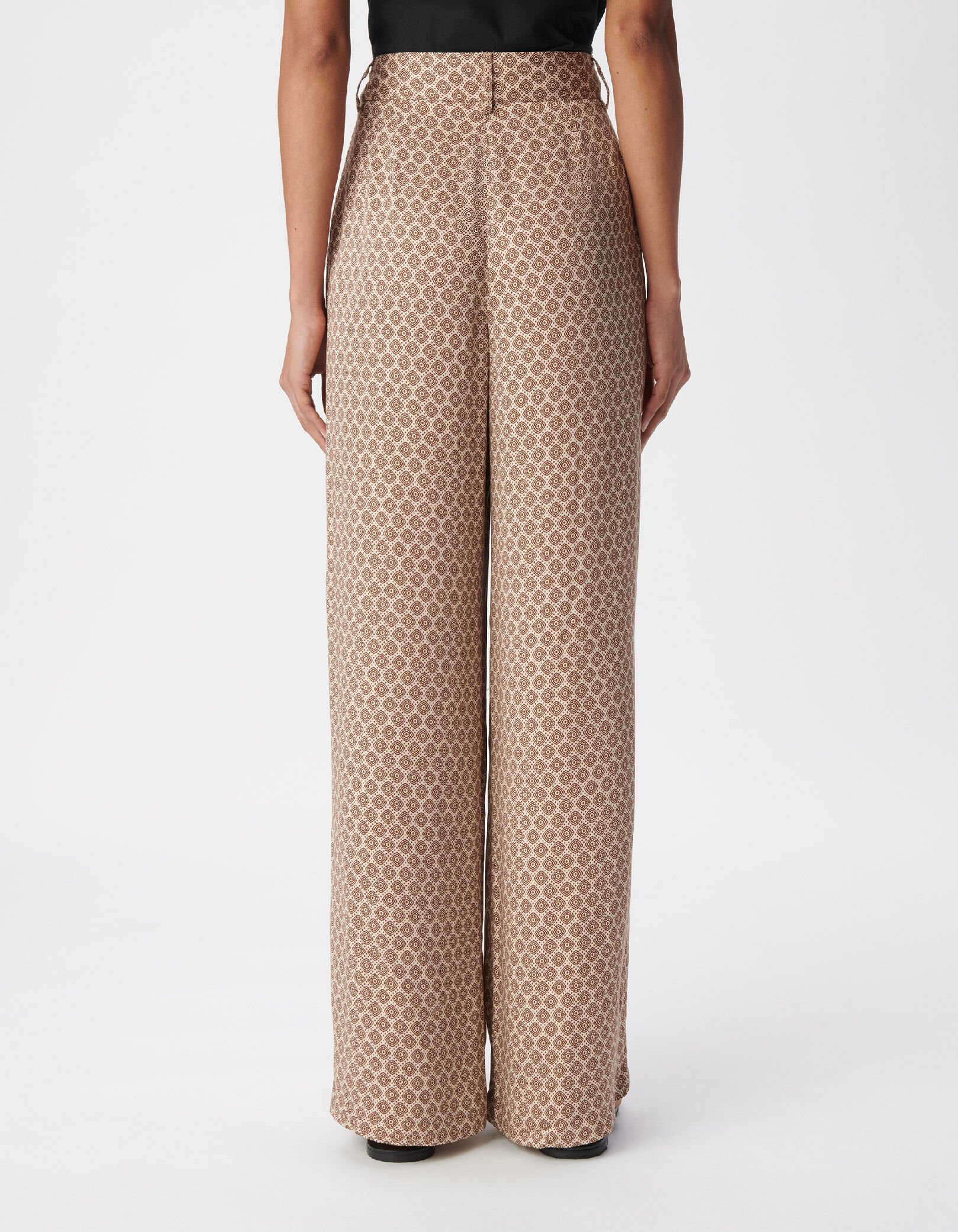 Pantalon large beige motif géométrique Femme