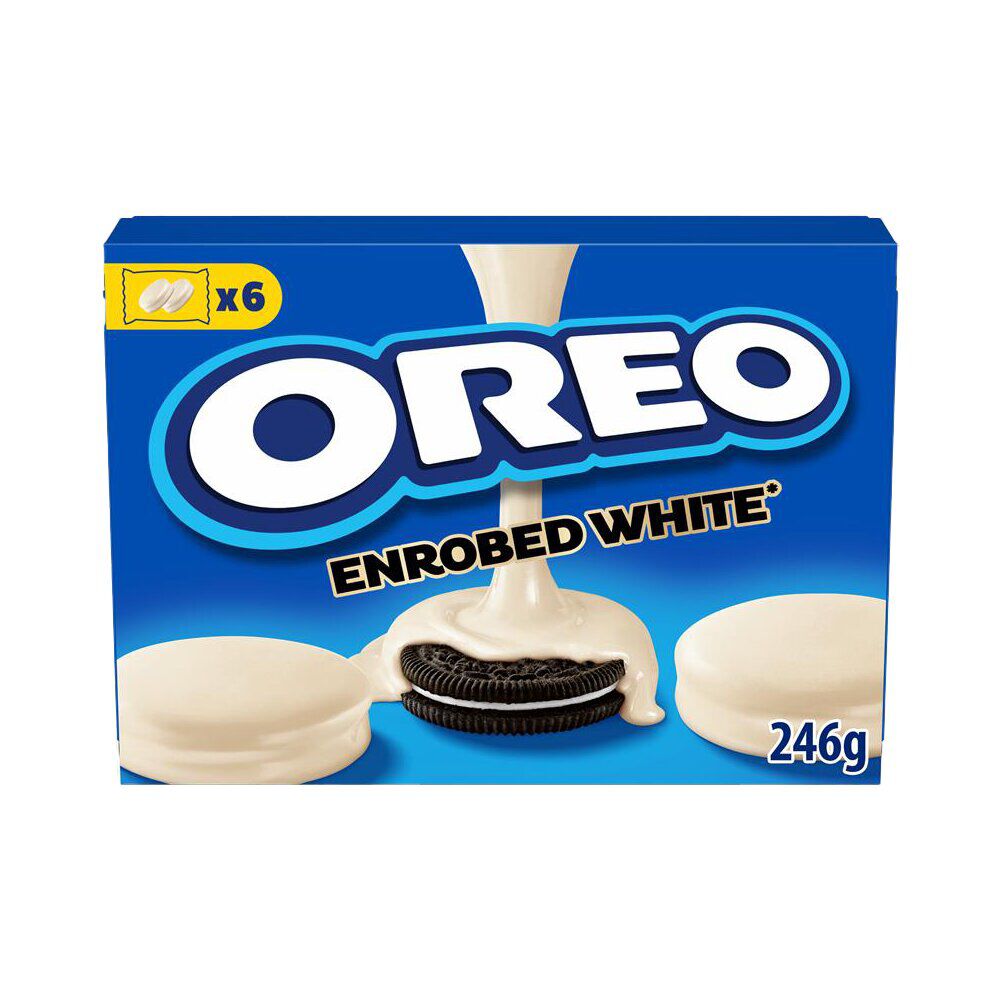 Biscuits Oréo fourrés vanille enrobés chocolat blanc 246gr