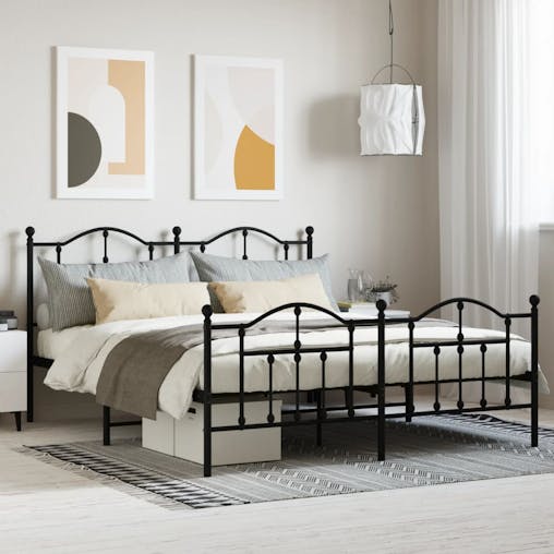 NNEVL Metal Bed Frame with Headboard and Footboard Black 183x203 cm King