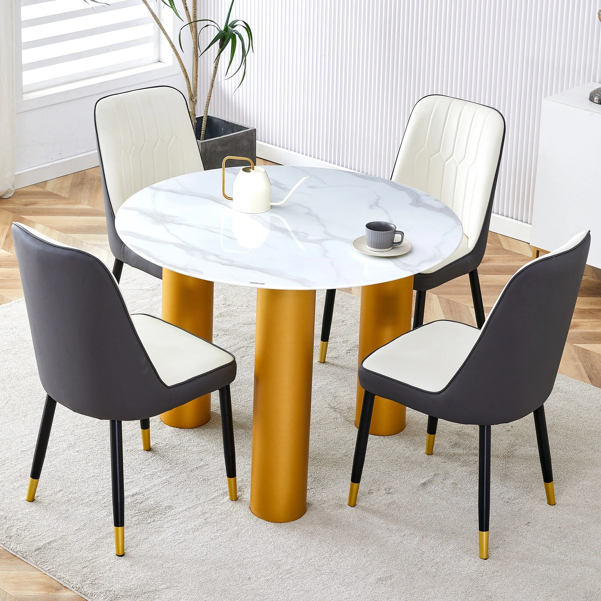 Modern 5-Piece Round Dining Table Set with Marble Pattern Top and 4 PU Leather Upholstered Chairs