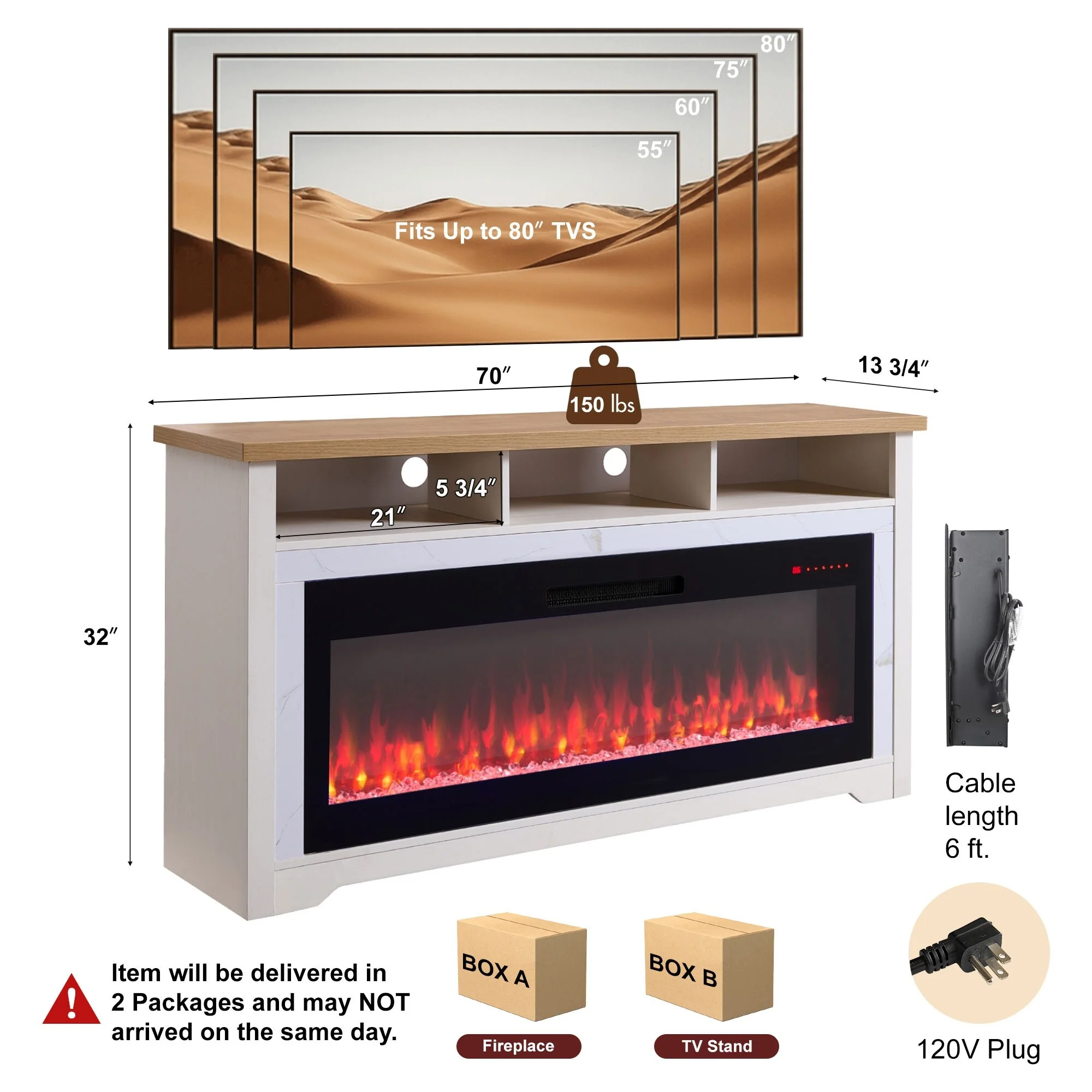 70 inch Fireplace TV Stand for TVs up to 70,with 60 smart Electric Fireplace,white