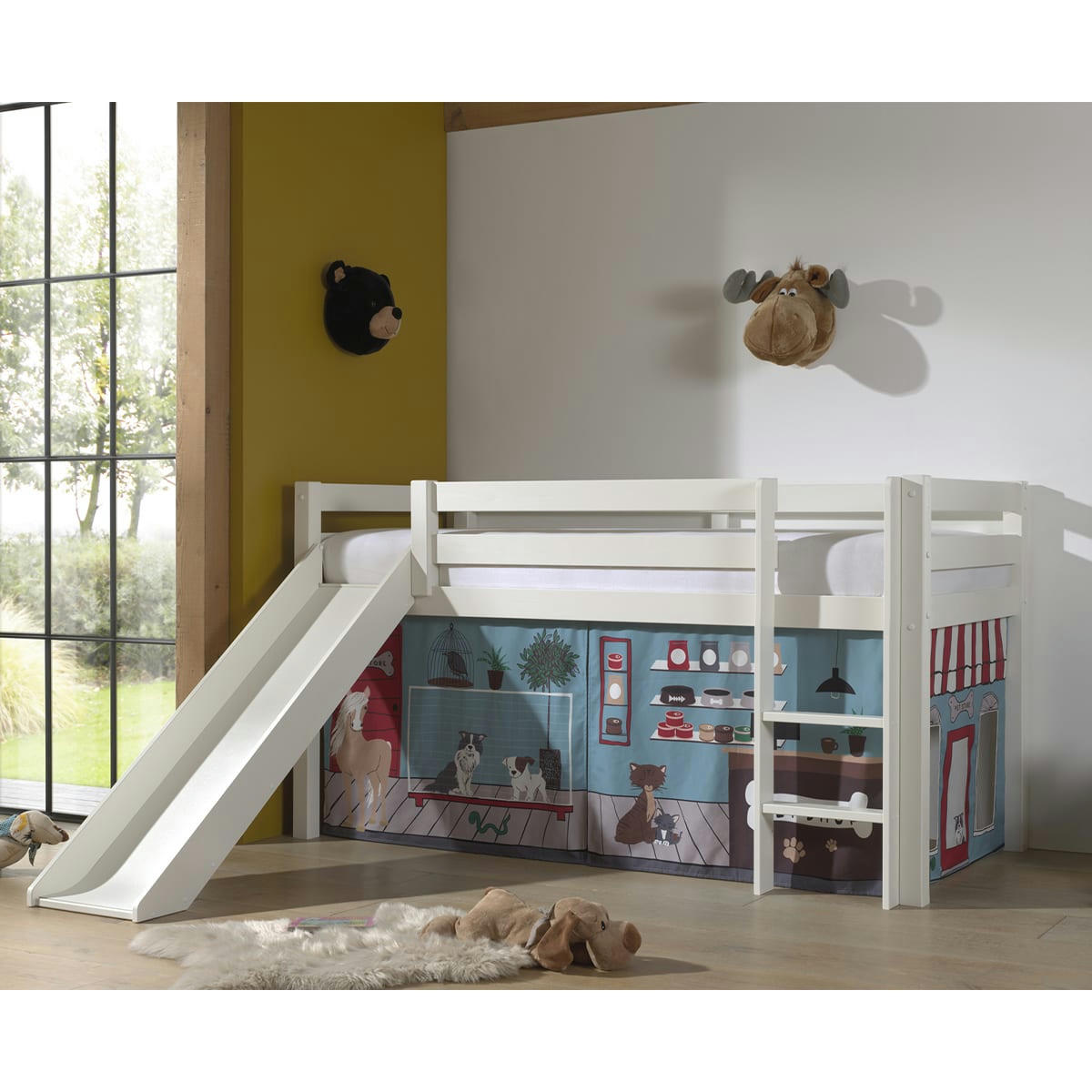 PINO - Lit mi-hauteur 90x200 toboggan sommier inclus housse pet shop blanc