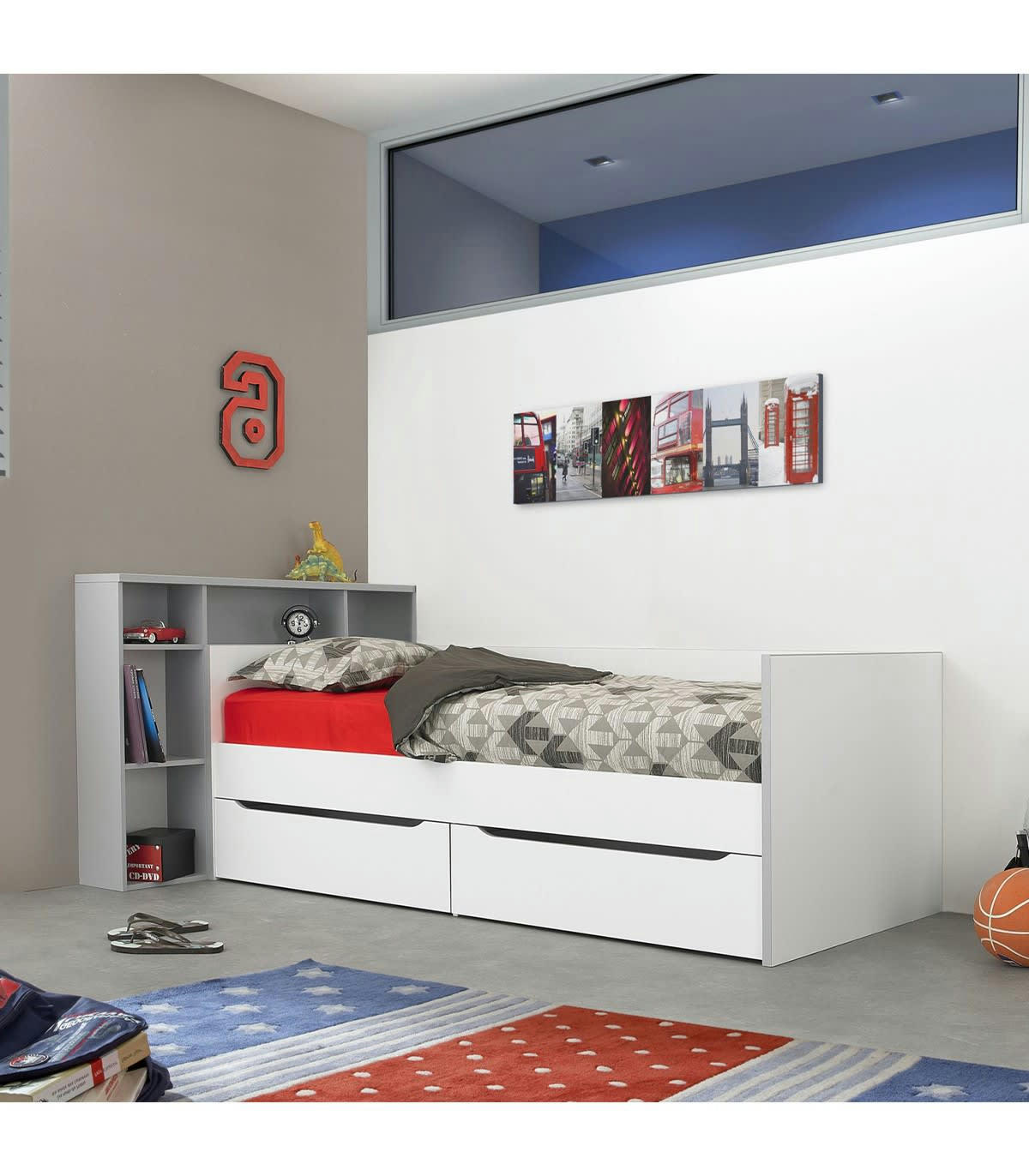 BABEL - Lit Enfant Banquette et Rangements - Blanc 90x200