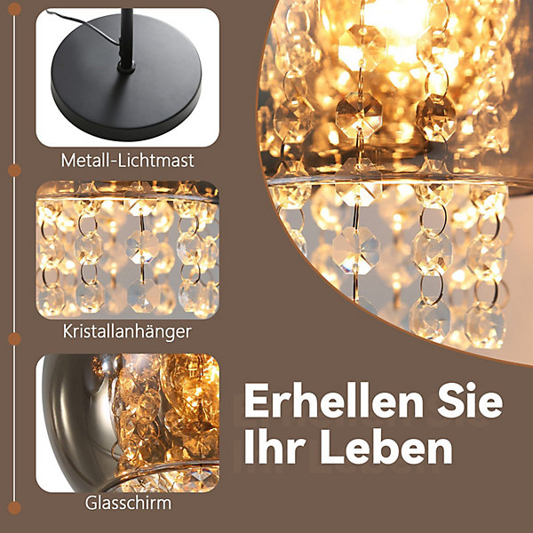 NETTLIFE Lampadaire Intérieur 1 Flamme E27 Gris Fumé Lampadaire Grand Cristal Pour Bureau Canapé