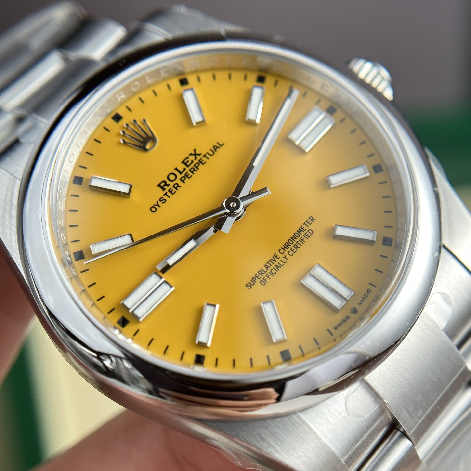 Rolex Oyster Perpetual 124300 904L Steel Yellow Dial 41mm Oyster Super Clone