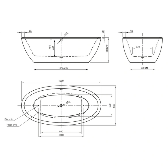 Freistehende Badewanne »Latina«, BxHxL: 94 x 60 x 190 cm, oval