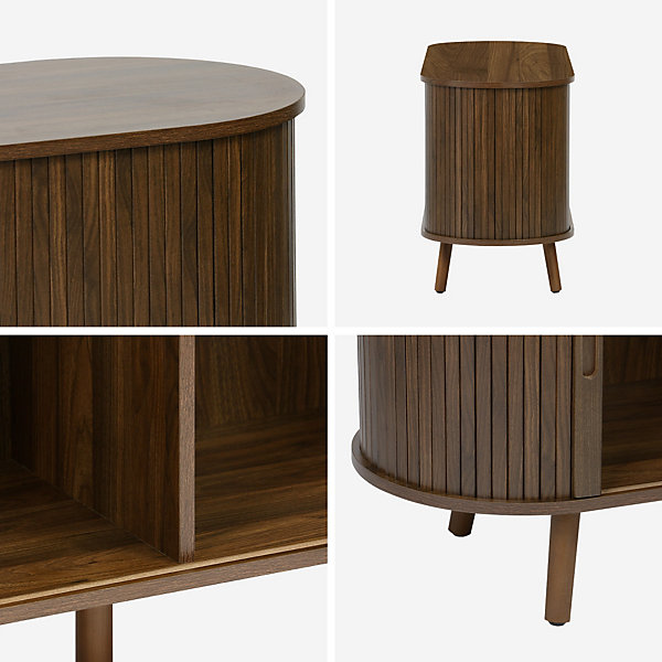 Meuble TV scandinave 2 portes coulissantes. 4 compartiments. décor bois rainuré noyer. L120 x 40 x 57 cm