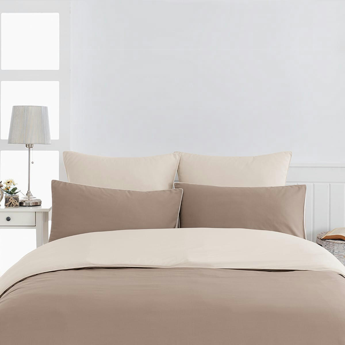 DOZMARY - Housse de couette bicolore en percale coton  taupe/ficelle 140x200 cm