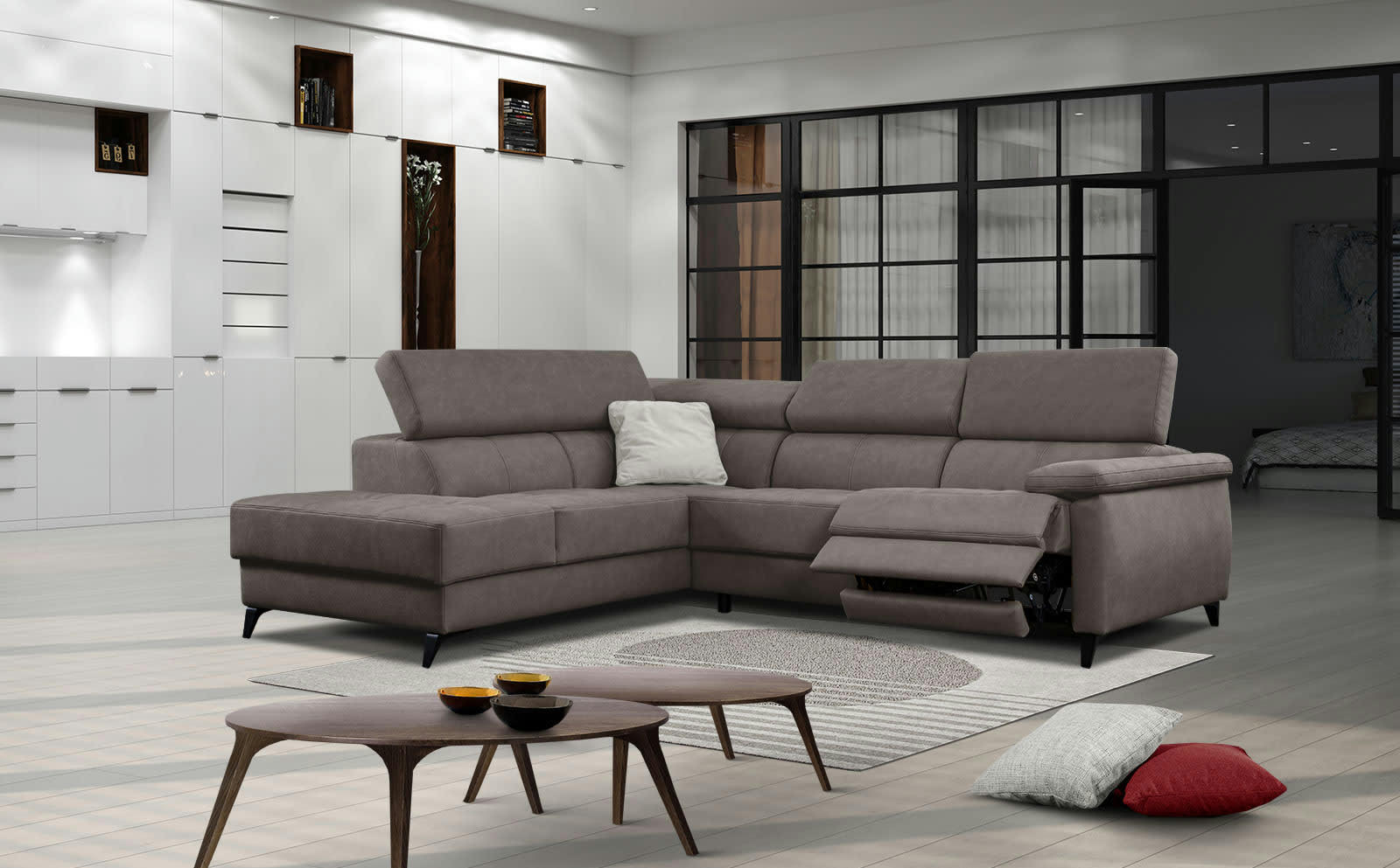 TAUNUS - Le canapé d'angle gauche 5 places gris avec une relaxation