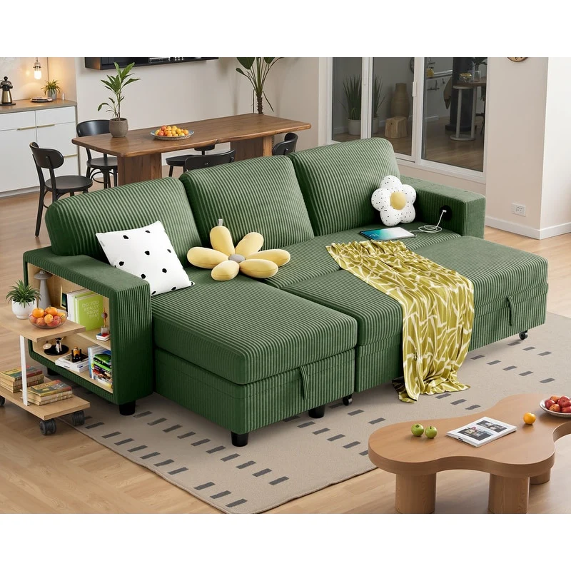 Furniwell L Shaped Sleeper Corduroy Sofa Bed Convertible Sectional Couch with Storage Space 2 Built-in Bookshelves, Living Room