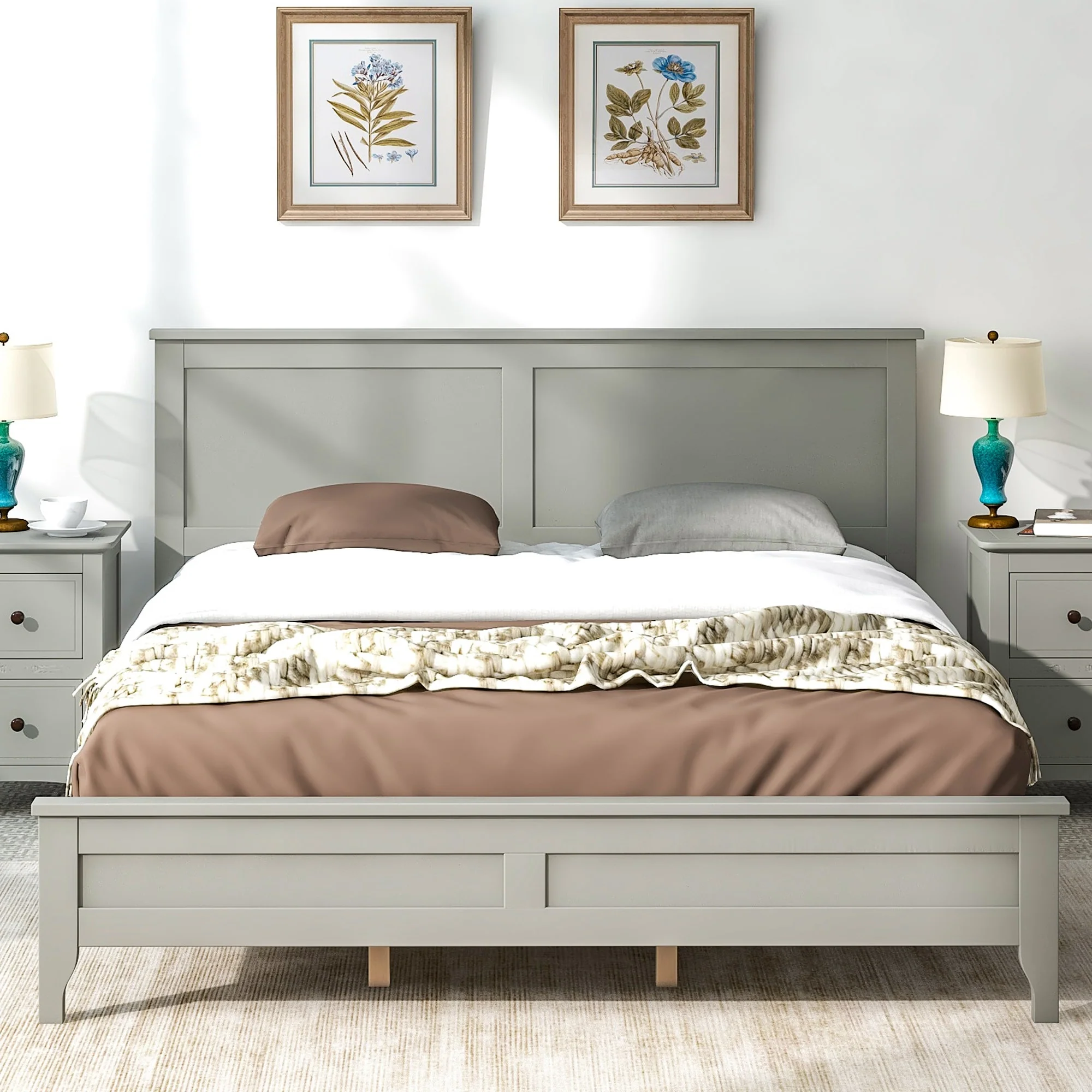 Gray Queen Size Platform Bed with Slat Headboard, Pine Wood & MDF Construction
