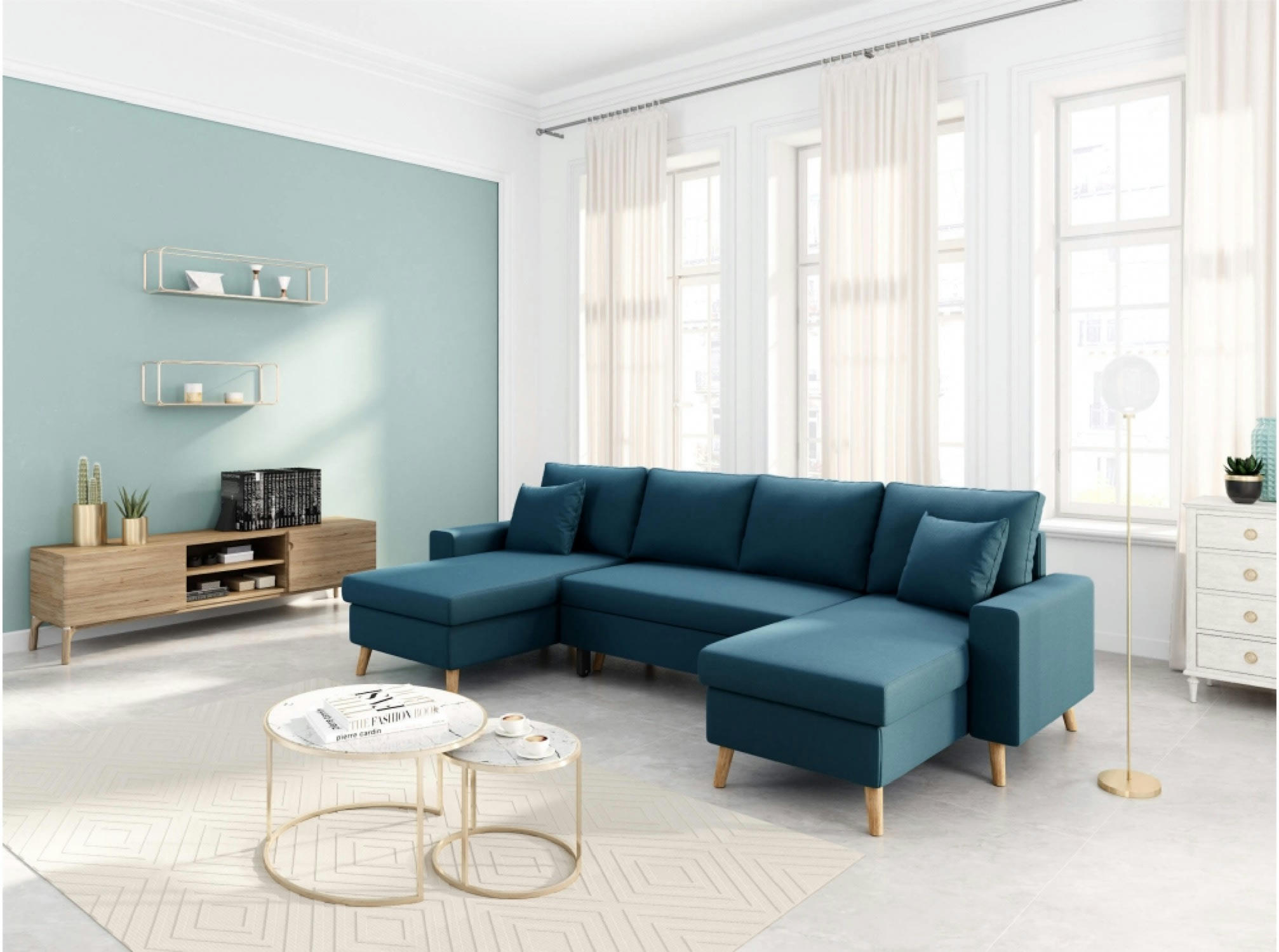 MARIA SCANDINAVE - Canapé panoramique scandinave convertible en tissu bleu canard