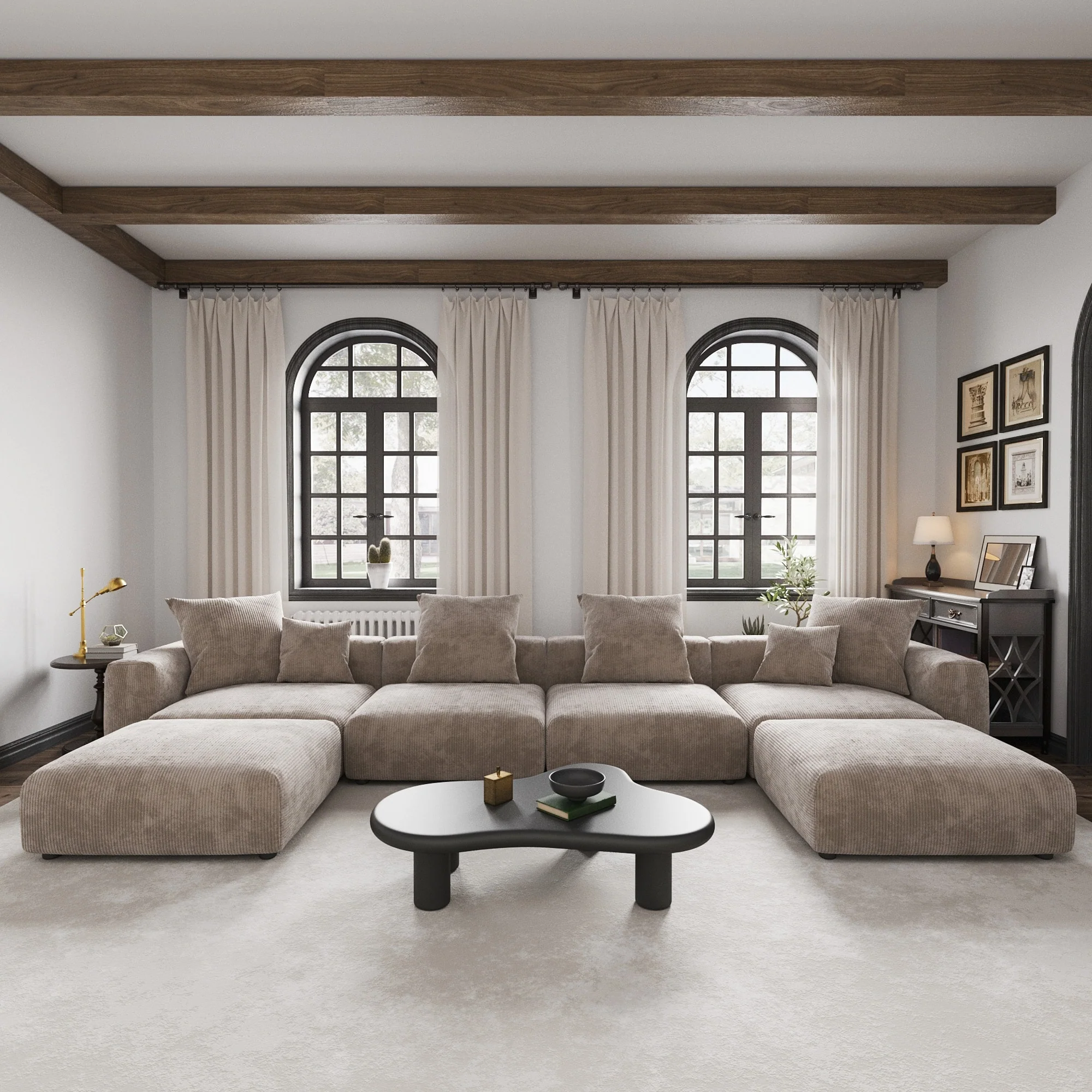 Large Modular Sectional Sofa Corduroy Upholstery U-Shaped 4 Seater with 2 Ottoman and 5 Pillows