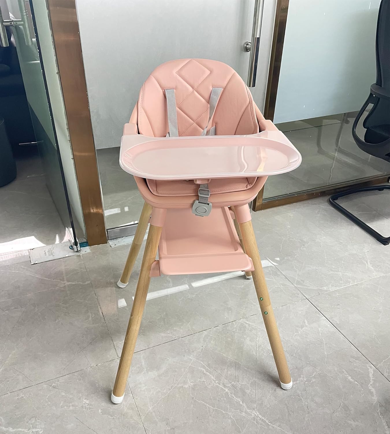 Baby High Chair, 6-in-1 Wooden Convertible High Chairs for Toddlers, Booster Seat with Double Tray & Reversible Footrest, 5-Point Harness, Pink