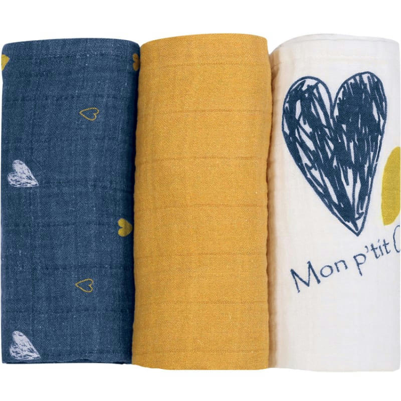 - Lot de 3 langes en coton Mon p'tit coeur