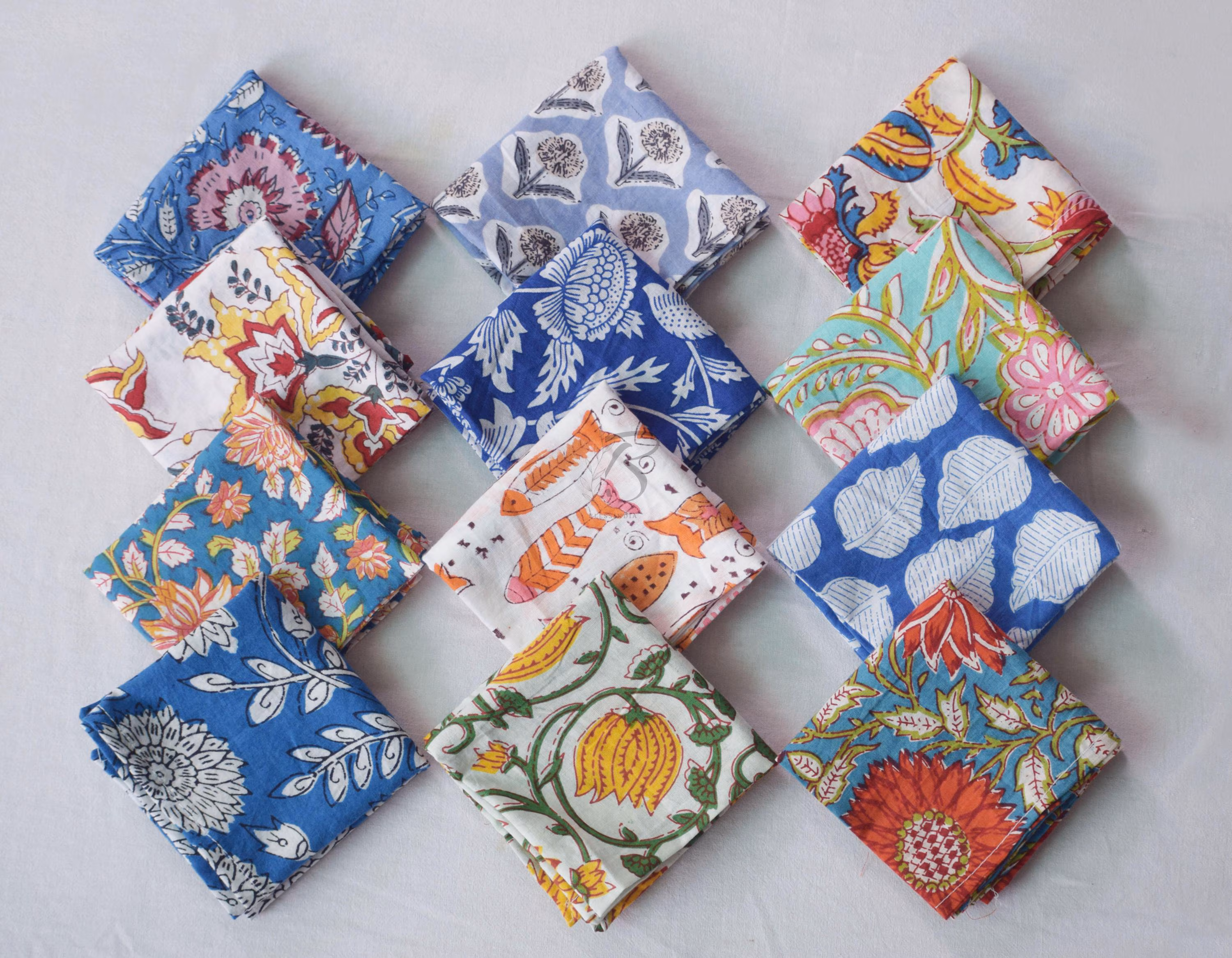 Assorted Cloth Napkins Set 100 Pack of Hand Block Printed Wedding Napkins, Bohemian Cotton Mix and Match Reusable Table Cloth Dinner Napkins