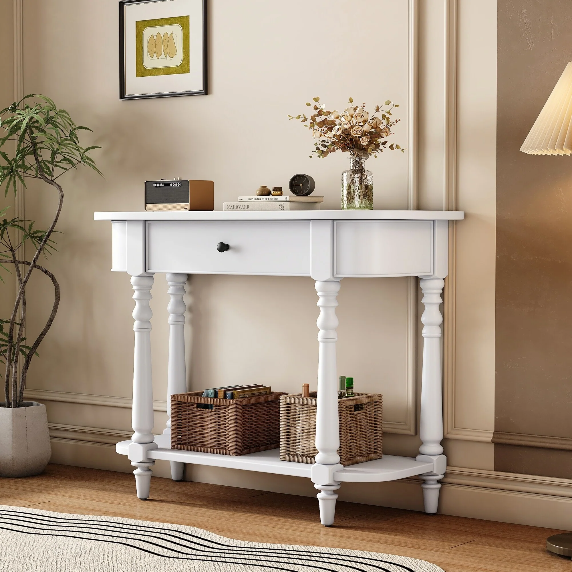 Narrow Console Table with Curved Corner(White)
