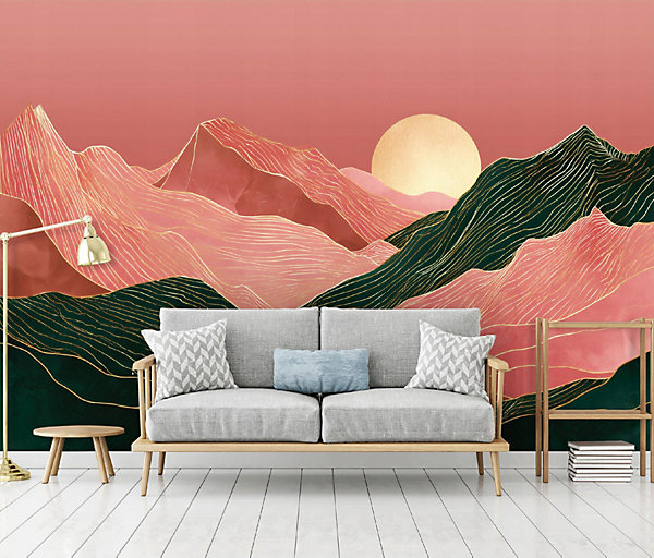 Papier Peint Panoramique Intissé Montagnes Art Déco Rose - 350x250 cm - Papier Peint Chambre et salon