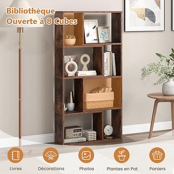 Bibliothèque Livre en Bois, 60 x 20 x 120 CM, étagère 4 Niveaux Ouverte avec 8 Cubes, Avec 2 Dispositifs Anti-Basculement (Café)