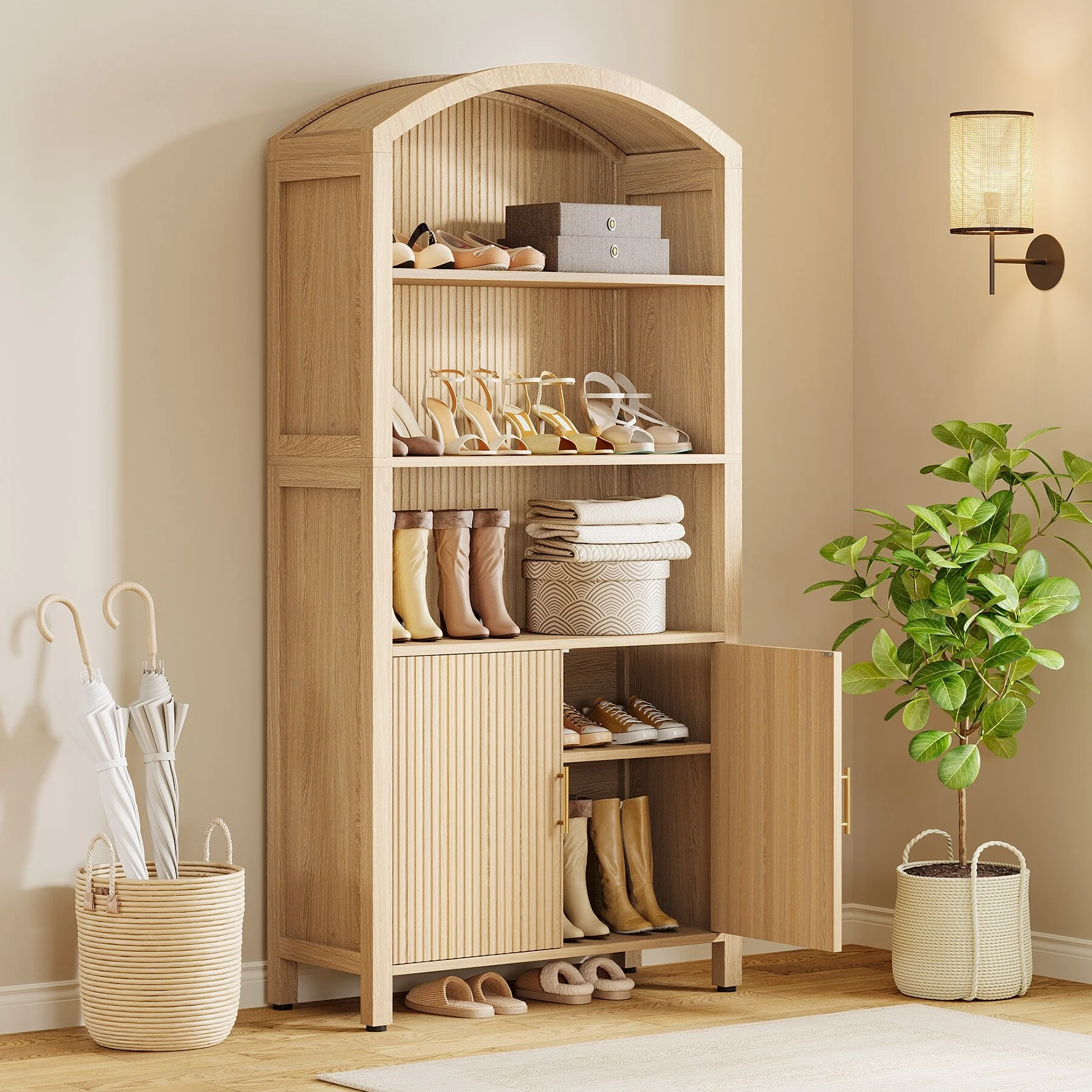 71‘’ Tall Arched 5-Tier Shoe Cabinet with Doors - Natural