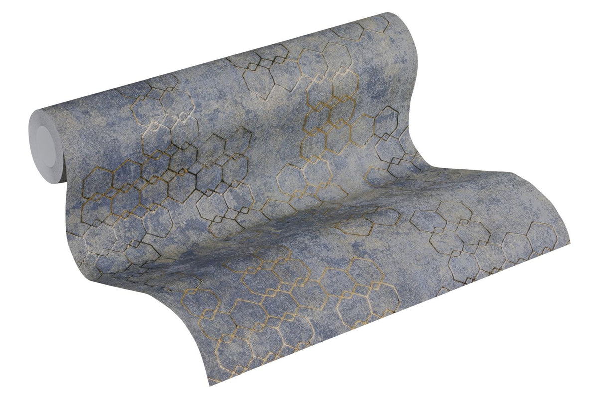 Livingwalls behang hexagon vergrijsd blauw, grijs en goud - 53 cm x 10.05 m - AS-374245