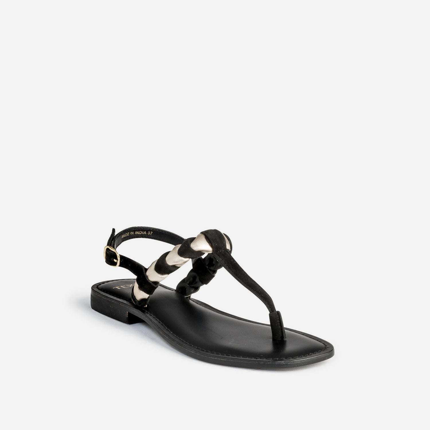 Sandale-tong TEXTO noir en cuir velours tressé or