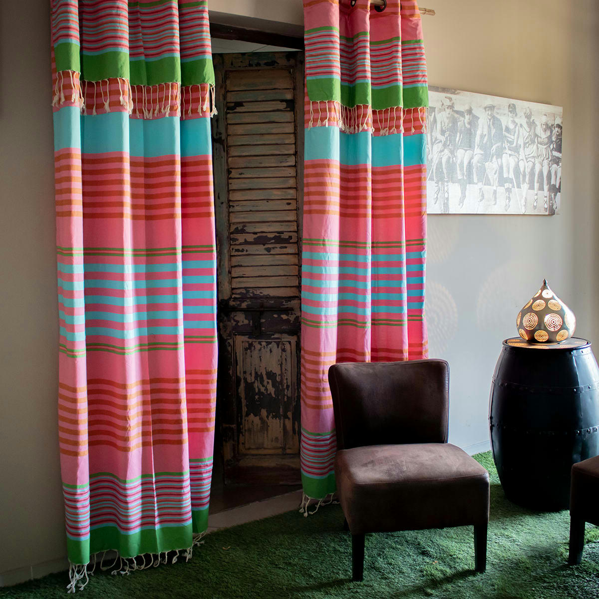 AGADIR - Rideau ajustable coton rose rayures multico 140 x 250 à 280