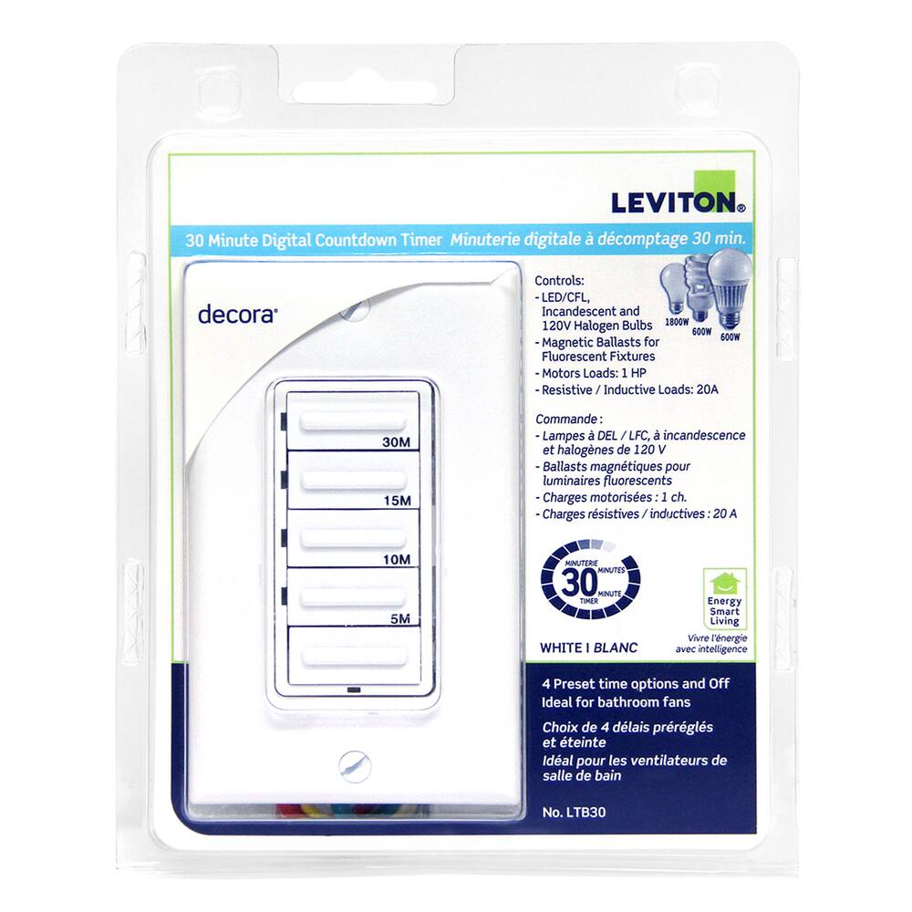 Leviton LTB60-742 Decora® 60 Minute Digital Countdown Timer Switch with Wallplate, White