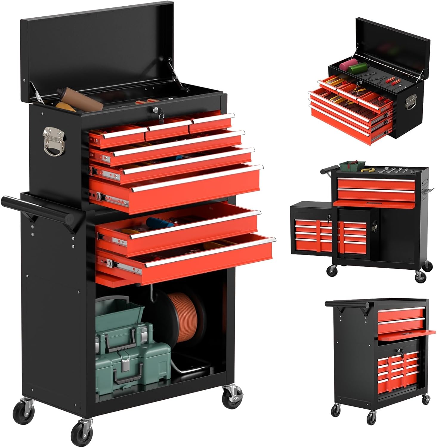 8-Drawer Rolling Tool Chest with Wheels, 2-in-1 Detachable Tool Box with Drawers and Large Cabinet, Rolling Tool Chest Storage Cabinet with Lockable for Warehouse, Garage, Workshop (BlackRed)