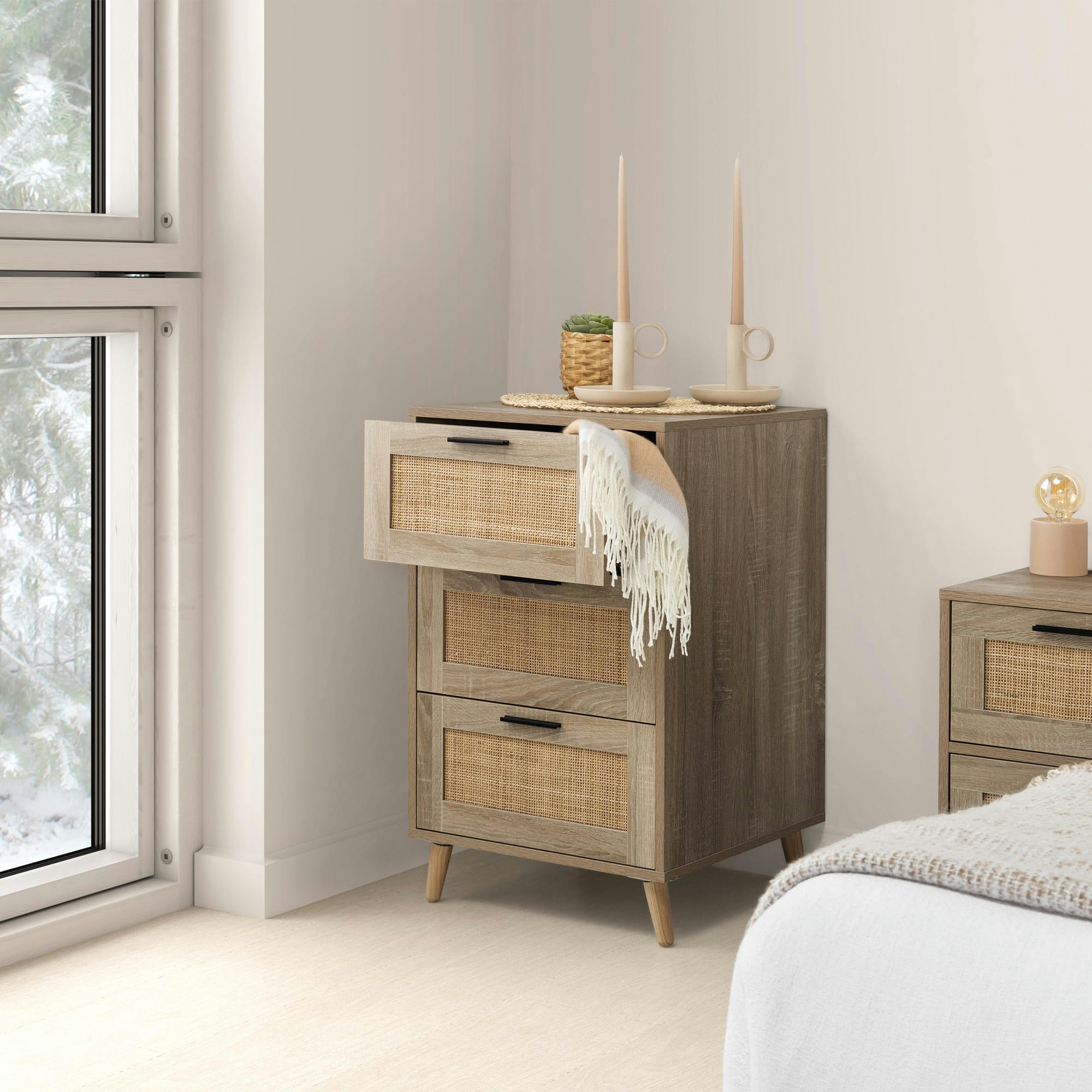 DALIA - Chiffonnier nuit 3 tiroirs couleur chêne, 48 cm longueur